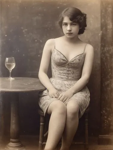 Young entertainer in a Parisian nightclub. Make the motif look like a French impressionist photograph, as if she had been photographed by Nadar.,a woman sits by a table with a glass,vintage female por