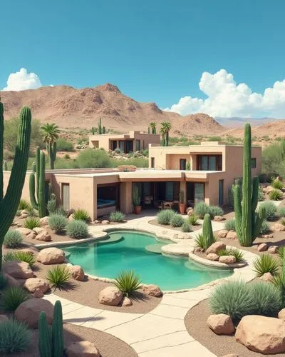 Sustainable housing complex in an oasis area in a desert. Organized houses, adapted to desert conditions. Stone, wood and ceramic constructions, in a contemporary, sophisticated and harmonious Moorish
