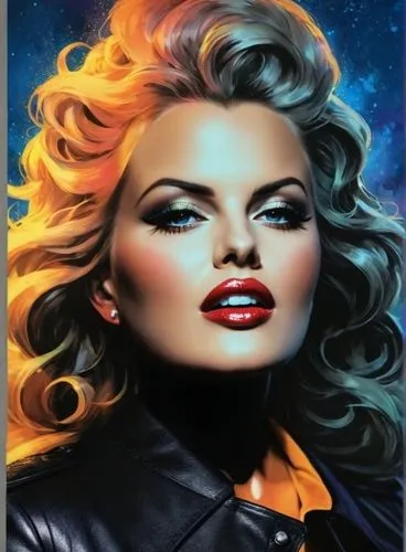 ANNA NICOLE-SMITH,a woman with blonde hair is in black leather jacket,dazzler,lilandra,airbrush,cosmogirl,barbarella,madelyne