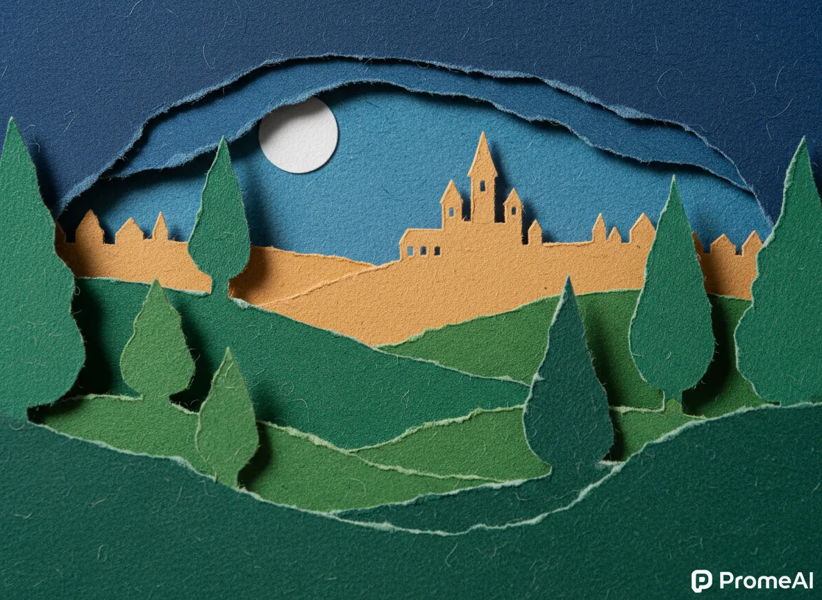 Vista ravvicinata di un'illustrazione a intaglio su carta, che evidenzia la texture realistica della carta e i dettagli fibrosi generati da PromeAI.