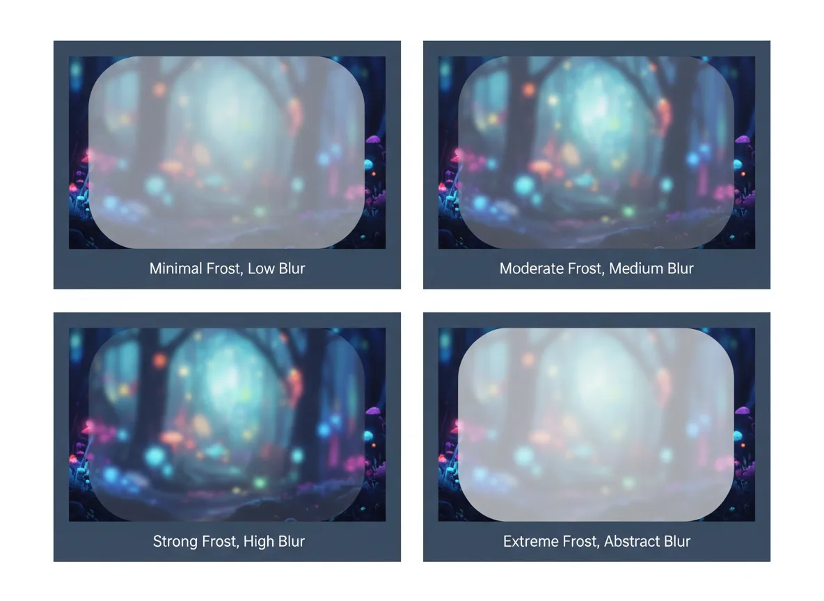 चार पोस्टर विविधताओं का एक ग्रिड, प्रत्येक में फ्रॉस्टेड ग्लास प्रभाव और बैकग्राउंड ब्लर का एक अलग स्तर दिखाया गया है।