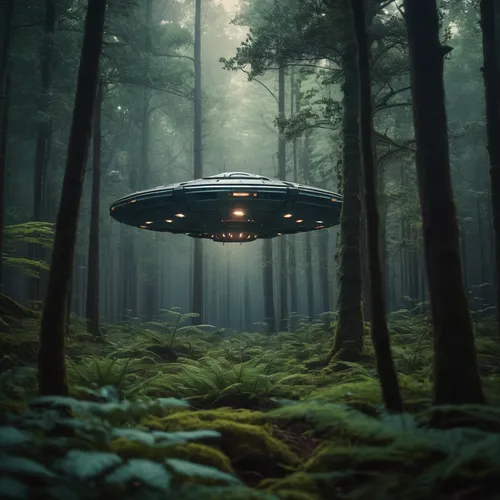A dense forest with a mysterious spaceship hovering above，Eerie and suspenseful,saucer,ufo,flying saucer,ufo interior,ufos,extraterrestrial life,abduction,ufo intercept,unidentified flying object,alie