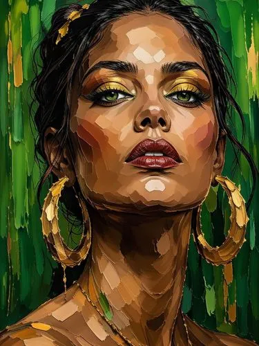 Prompt: "Impasto oil painting, intense portrait of a woman with piercing green eyes and vibrant metallic makeup. Broad, expressive palette knife scrapes define the structure of her face. The large gol
