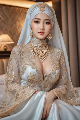 beautiful 20 year old Korean model, full body, beautiful, dress and expensive jewelry, wear hijabi, expensive low-cut dress, pouty lips, sharp-focus, very sharp, high-quality, color, unique, one image