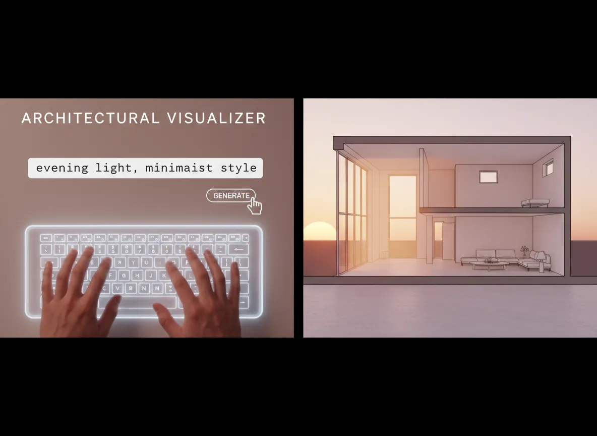 एक एनिमेटेड GIF जिसमें एक उपयोगकर्ता 'शाम की रोशनी, मिनिमलिस्ट स्टाइल' जैसा प्रॉम्प्ट टाइप कर रहा है और क्रॉस-सेक्शन छवि वास्तविक समय में अपडेट हो रही है।
