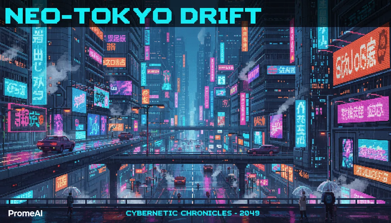 Un dettagliato poster in Pixel Art di una strada cittadina cyberpunk di notte, illuminata da insegne al neon, creato con PromeAI.