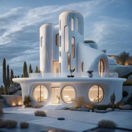a futuristic building with many windows and a clock tower,futuristic architecture,prefab,cube stilt houses,futuristic art museum,cubic house,modern architecture