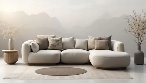 a living room with a beige couch, pillows and a rug,soft furniture,sofa set,modern minimalist lounge,sofas,furnishing,living room,furniture,danish furniture,modern living room,seating furniture,modern