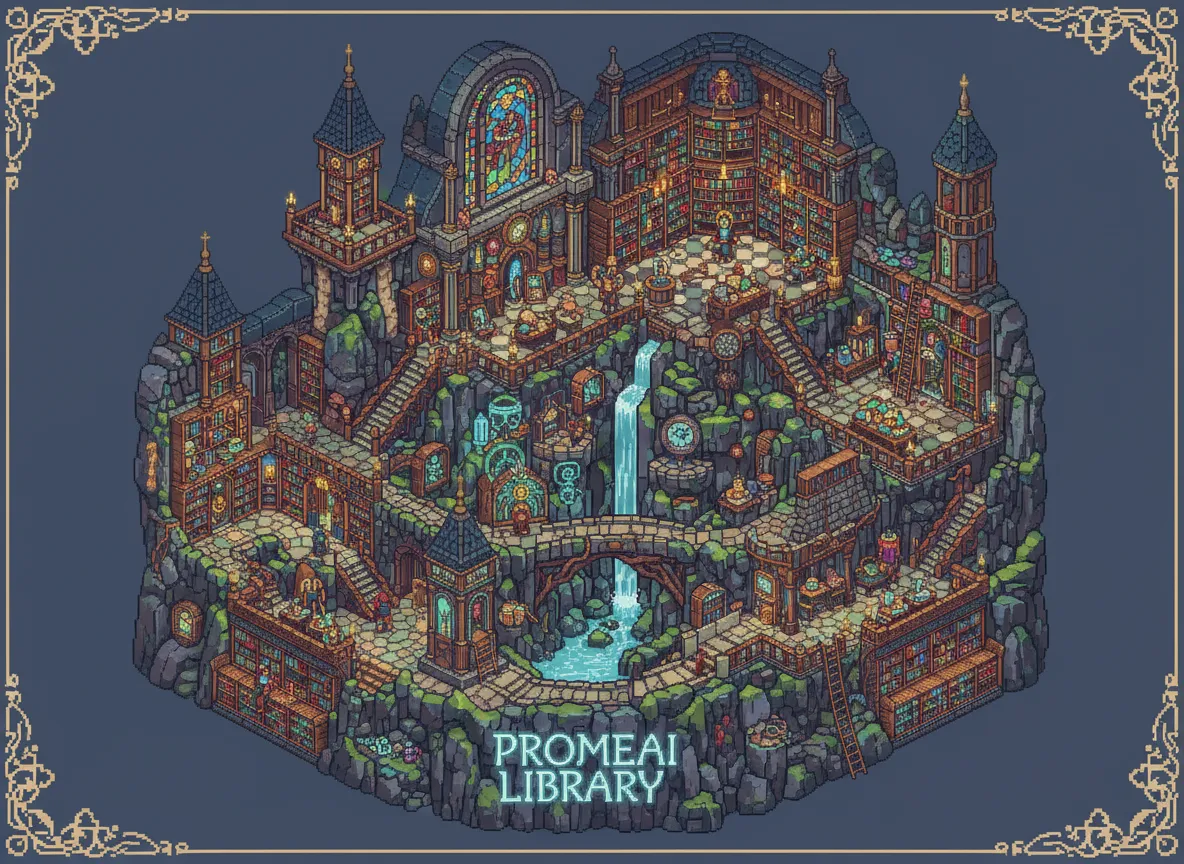 Eine isometrische Pixel-Art-Illustration einer detaillierten, mehrstöckigen Fantasy-Bibliothek, erstellt mit PromeAI.