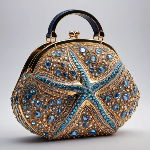 create a purse shaped like a starfish. The body of the purse should have a star-like silhouette, with each arm of the starfish forming a compartment or pocket. Decorate the purse with an array of dazz