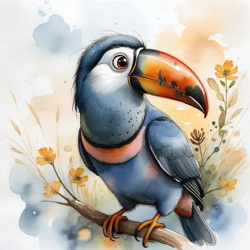 a large bird with an orange and blue beak sitting on a nch,watercolor bird,bird painting,bird illustration,toucan,toco toucan,flower and bird illustration,zazu,puffin,brown back-toucan,african gray pa