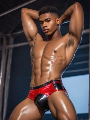 a male model wears black and red leather underwear,musclebound,yuriorkis,physiques,muscleman,muscularly,bodybuilder