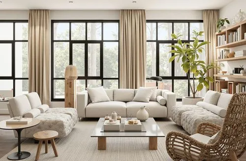 A modern living room with a minimalist design, featuring large floor-to-ceiling windows framed in black, neutral-toned sofas, a glass coffee table with books and decorative items, indoor plants adding
