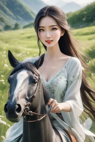 side view, realistic rich colors, green mountains, very beautiful charming Chinese woman in white, in a blue river, beautiful expressive eyes, beautiful thin lips, beautiful long hair, open shoulders,