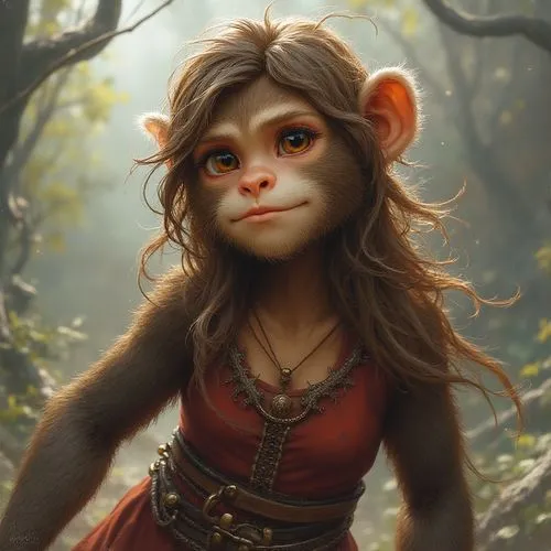 female anthropomorphic monkey,an artwork that depicts the character monkey in fantasy film,marmoset,fantasy portrait,monkeying,monkey island,macaque,faun,wood elf,monkey,baby monkey,satyr,simian,orang