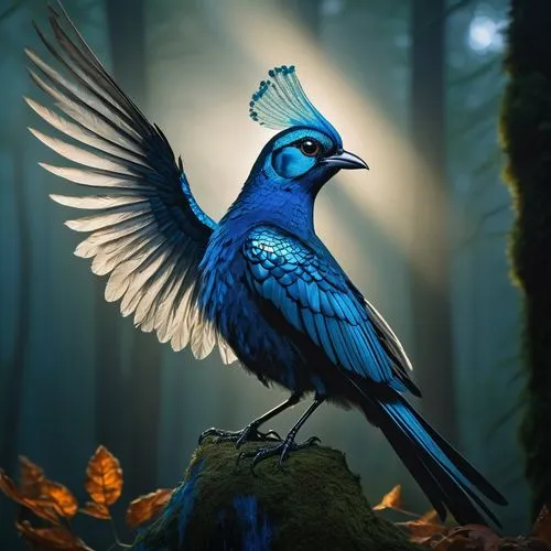 Mystical blue crystal bird, perched, wings spread wide, feathers shimmering iridescent blue, beak sparkling like diamond, eyes radiant with an inner glow, delicate legs, sharp talons, luxurious plumag