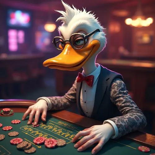 Um pato antropomórfico de estilo caricatural, com um sorriso misterioso e um olhar estreitado, vestido com tatuagens modernas nos braços e óculos de Julieta, elegantemente vestido. Ele está em um cass
