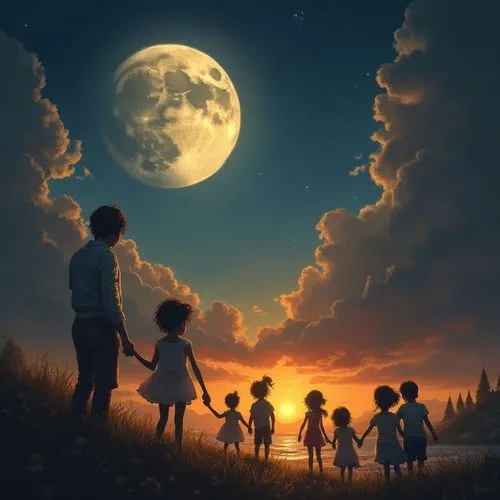 family means that the food is terrible. Home means that hydrogen is moon. ,four children stand on the grass, each holding hands,kids illustration,walk with the children,moonbeams,moonlighters,dream wo