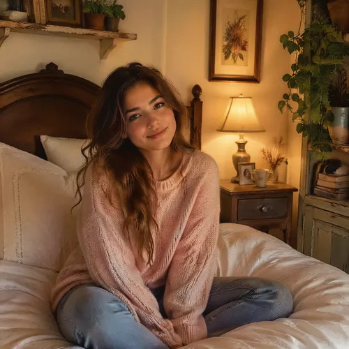 a charming young lady with soft, flowing hair sitting on a wooden bed with white bedding, wearing a cozy, pastel-colored sweater and jeans, looking serene and relaxed, bathed in warm light from a beds