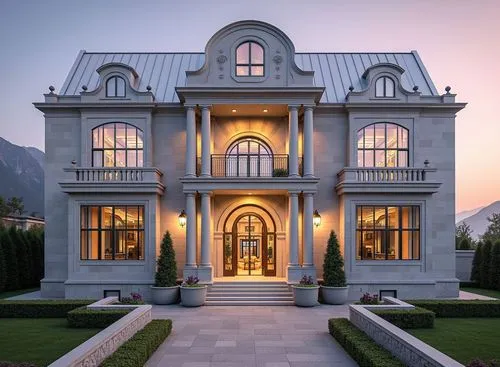 Photorealistic architectural visualization of a luxury 2-story square-shaped residental building. First floor height 5m with tall arched windows, second floor height 5m. Classical architectural style 