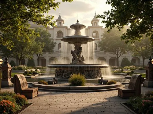 Opulent fountain, grandiose statues, intricate stone carvings, majestic waterfalls, serene reflecting pools, ornate bridges, lavish gardens, vibrant flowers, lush greenery, rustic wooden benches, natu