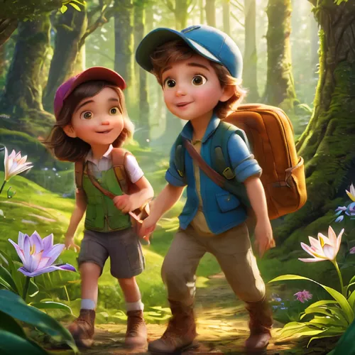 girl and boy outdoor,cute cartoon image,little boy and girl,hikers,forest workers,children's background,boy and girl,lilo,kids illustration,scouts,vintage boy and girl,happy children playing in the fo