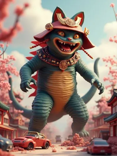 A hilarious and vibrant 3D render of Catzilla, a Japanese-inspired cat monster. The cat is towering over a miniature city, stomping on buildings and cars, while wearing a classic samurai helmet with a