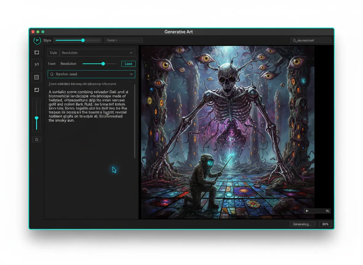 एक यूजर इंटरफेस मॉकअप जो एक जटिल जेनरेटिव आर्ट प्रॉम्प्ट को टाइप करते हुए दिखा रहा है, जिसमें AI वास्तविक समय में एक अत्यधिक विस्तृत और विशिष्ट अतियथार्थवादी दृश्य उत्पन्न कर रहा है।