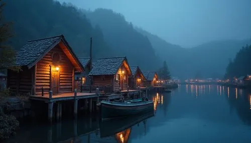  boathouses ,several cabins lit up on a misty night,boathouses,floating huts,houseboats,boathouse,evening lake,houseboat,wooden houses,house by the water,fishing village,house with lake,beautiful lake