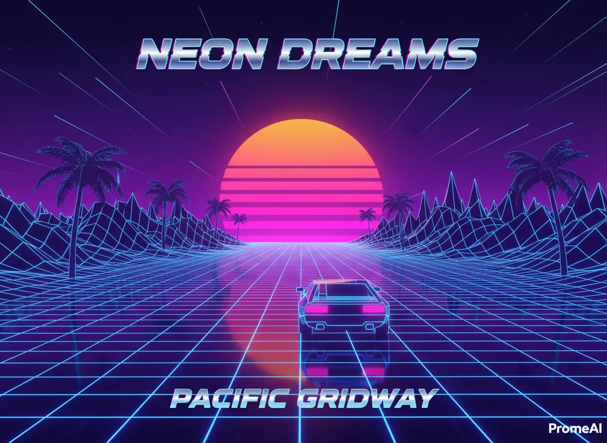 Ein Poster im Synthwave-Kunststil, erstellt mit PromeAI, mit einer leuchtenden Gitterlandschaft und einem Sportwagen, der auf eine untergehende Sonne zufährt.