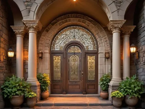 Historic, grand, ornate, Minnesota-style, architectural antiques, ancient Greek-inspired columns, intricately carved wooden doors, rusty metal lanterns, weathered stone walls, ivy-covered facade, stai