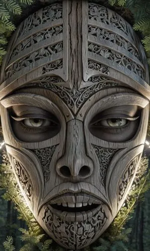an artistic depiction of a mask with a light around his face,tribal,shaman,alien warrior,shamanic,forsworn,wooden mask,shamanism,extraterrestrial,reptilians,totem,totemic,skull mask,reptilian,mask,pri