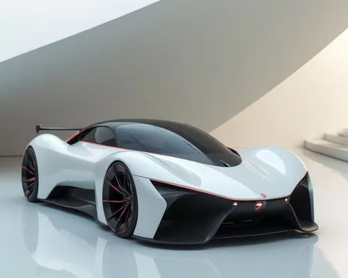 A futuristic white concept car with sleek lines and an aerodynamic design, positioned in a modern architectural space with smooth curves and soft lighting. ,a white and black car parked in front of a 