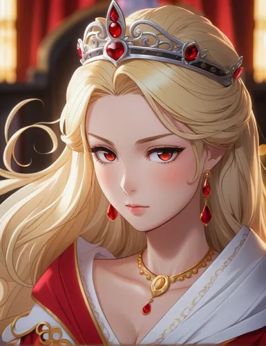 a female targeted isekai anime image of a beautiful empress with blonde hair and red eyes in her crown and a lovely gown. She sits on her throne. She looks powerful, confident, and she leans on one ha