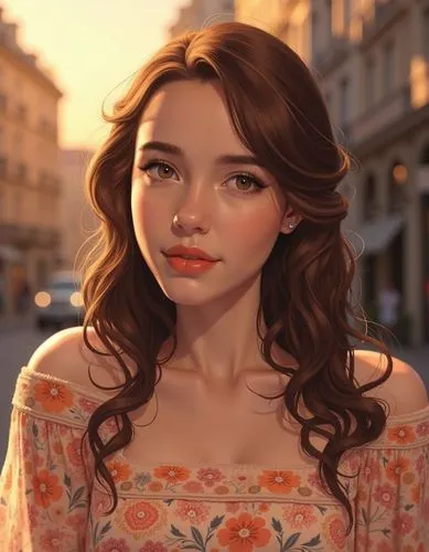 sn anime of a beautiful caucasian young woman aged 22, with long brown hair borwhn eyes red ;ips, wearing a long floral paterns dress whit a neckline . she stands confidently in front of a street scen