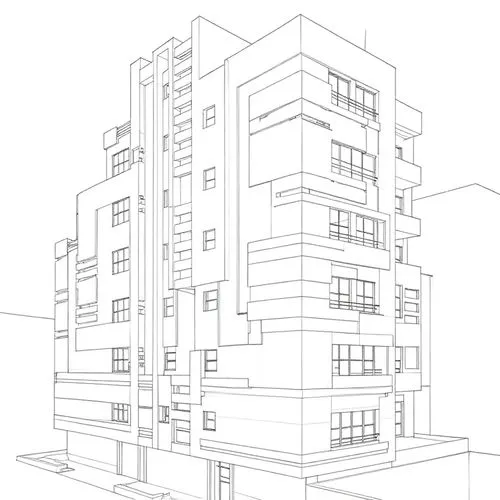 Extract clean linework from the source image while preserving the main composition, proportions, and design structure.,a line drawing of a two story building,line drawing,apartment building,rectilinea