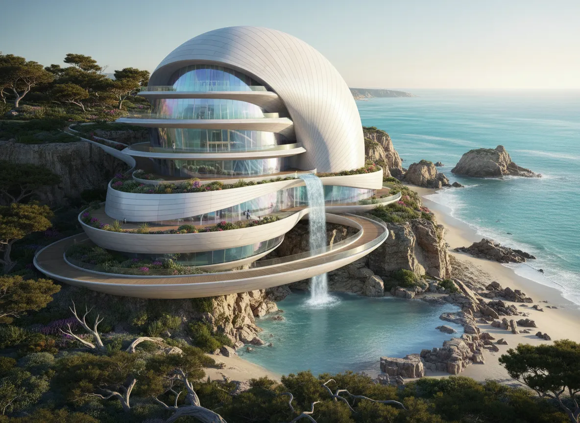Ein KI-generiertes Konzept eines biomorphen Museums, inspiriert von einer Muschel, das nahtlos in eine Küstenlandschaft integriert ist.