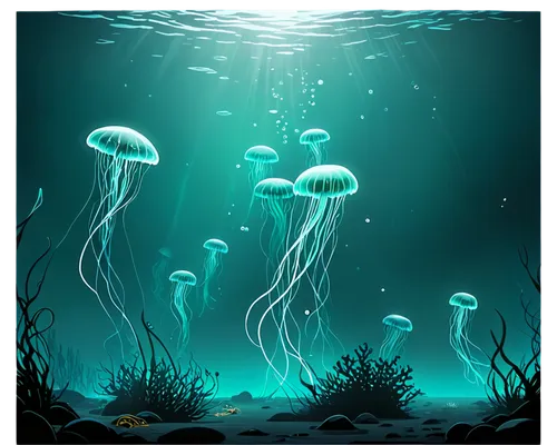 Dark underwater background, mysterious atmosphere, gloomy deep sea, scattered seaweed, glowing jellyfish, soft blue-green bioluminescence, misty fog effect, 3/4 composition, low-key lighting, cinemati