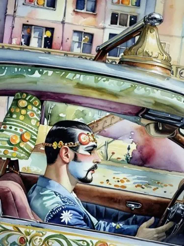 Мужчина в автомобиле в театральном костюме,painting of man wearing face paint in car with building in background,gondoliers,woman in the car,cabdriver,driving car,car interior,automobiles