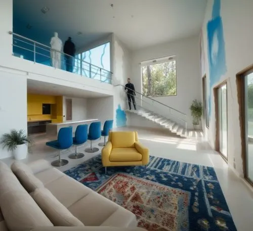 FOTOGRAFIA HIPERREALISTA, ALTA  RESOLUCION 4K, DE UN Interior de una casa moderna y artística con diseño ecléctico y colorido. Sala de doble altura con paredes blancas decoradas con murales abstractos
