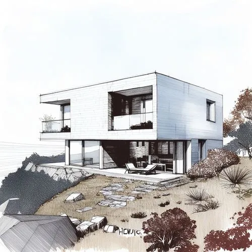 the drawing shows a house that is built on top of a hill,neutra,sketchup,corbu,modern house,mid century house,cantilevers,house drawing,eichler,seidler,dunes house,revit,modern architecture,unbuilt,3d