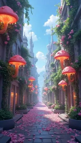 Digital painting of a ((whimsical city street)) overflowing with fantastical flora, glowing bioluminescent mushrooms sprout from the base of lampposts, vines with star-shaped flowers wrap around futur