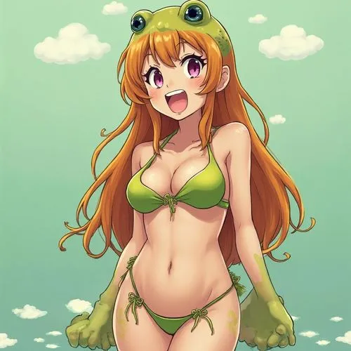 a girl in a bikini with an odd frog on her head,frog background,green frog,summer swimsuit,frog figure,lily pad,bottomless frog,frog,water frog,swimsuit,giant frog,swimsuits,bullfrog,woman frog,green 