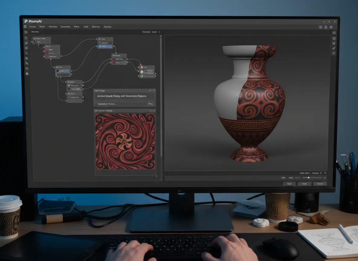 एक डिजाइनर की स्क्रीन जो PromeAI इंटरफ़ेस दिखा रही है, जो एक बनावट उत्पन्न कर रही है जिसे तुरंत एक फूलदान के 3D मॉडल पर लागू किया जाता है।