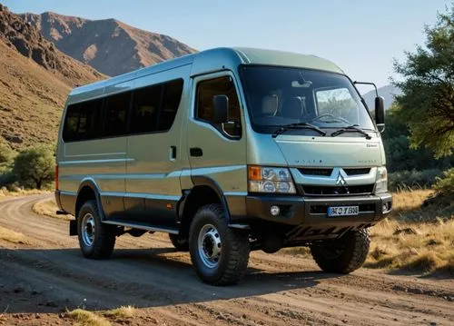 crear una 4x4 camioneta mitsubishi de grandes ruedas por un camino de tierra,an suv parked along the side of a dirt road,teardrop camper,commercial vehicle,expedition camping vehicle,minibuses,camper 