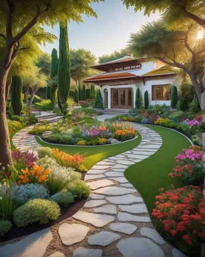 Landscape architecture plan, modern villa, luxurious garden, sunset time, warm golden light, lush green grass, various colorful flowers, blooming in vibrant colors, a large stone pavement, winding pat