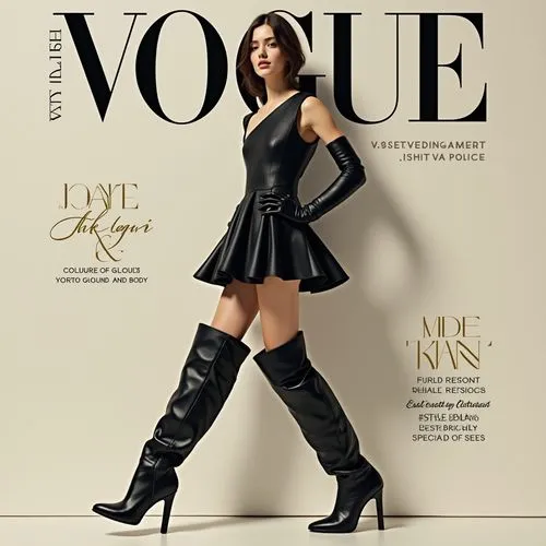 ---

**Prompt:** "Create an image of a model on a Vogue cover with an elegant and minimal outfit. The model wears very high black leather boots with a wide and straight silhouette. The boots have a mi