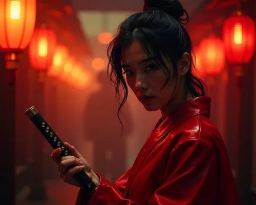 Create an atmospheric scene featuring a stylish individual holding a sword, adorned in a glossy, red outfit. The background is illuminated by warm, glowing lights hanging from the ceiling, casting an 