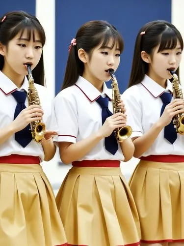 Japanese schoolgirls making music.,a group of young women playing saxophone together,euphoniums,angklung,oboists,euphonium,adumin,flutists