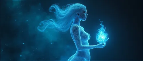 a woman with a glowing blue body holding a ball,sylphs,smoke dancer,elemental,hologram,fire dancer,hand digital painting,wisp,spirits,drawing with light,blue enchantress,smoke background,light drawing
